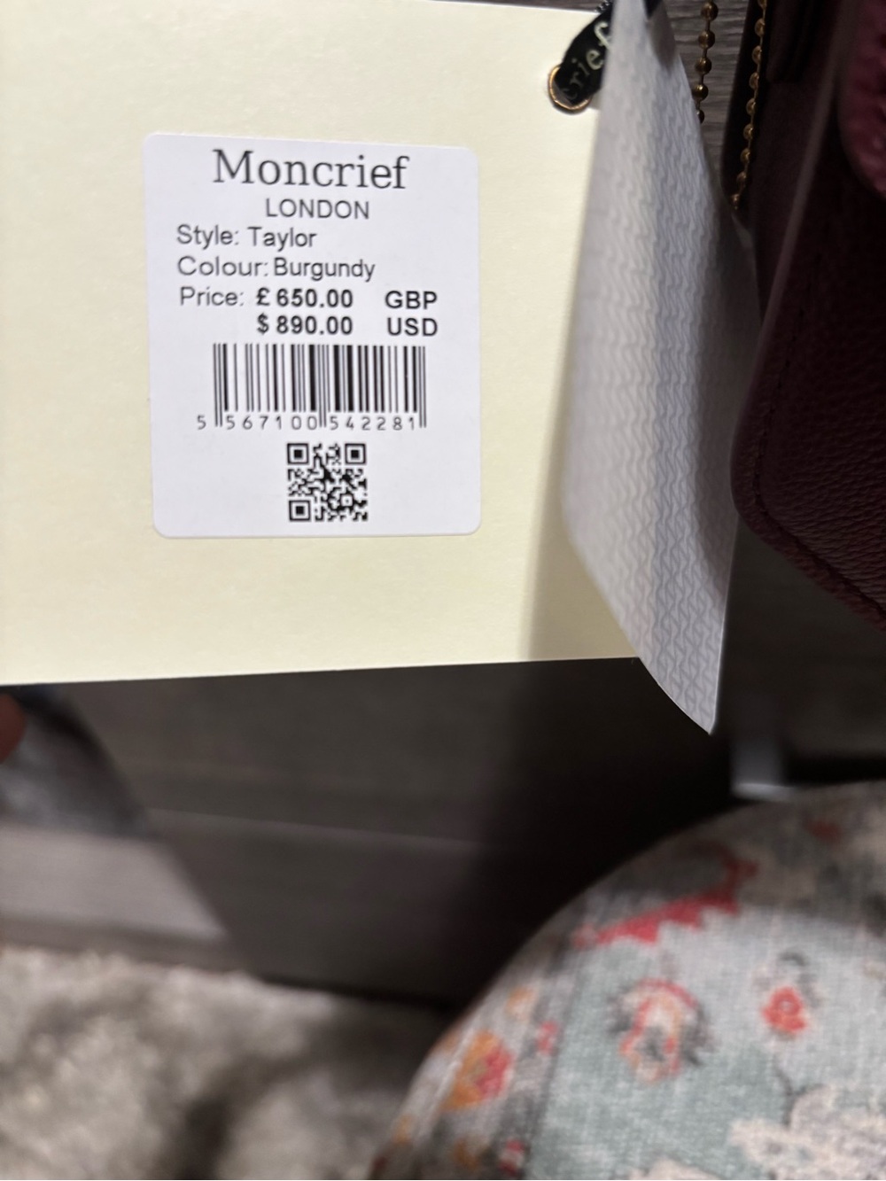 NWT Moncrief London Burgundy Italian Leather Taylor Shoulder Bag - Picture 8 of 8